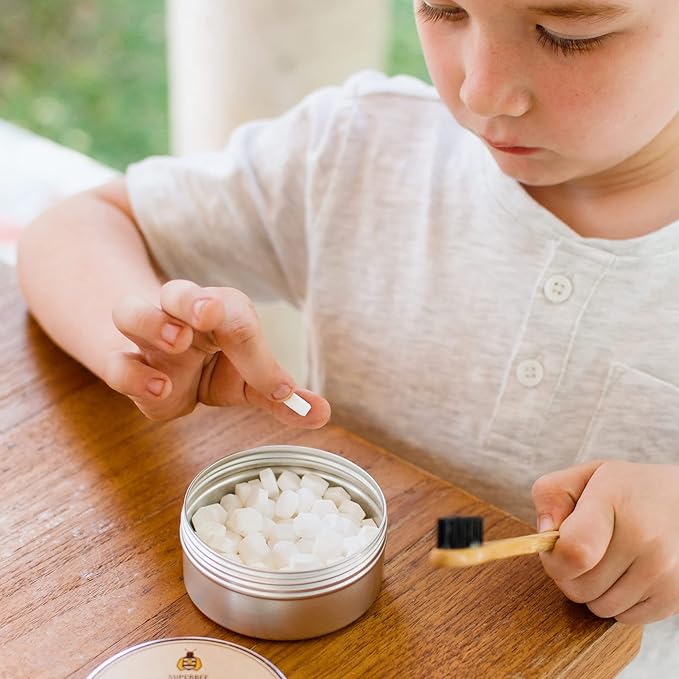 SuperBee Dentos Toothpaste Tablets & Biodegradable Bamboo Toothbrushes, 150 Tabs, Fluoride Free & Eco Friendly, Travel Mouthwash Tablets, Sensitive Bites Kids Adults