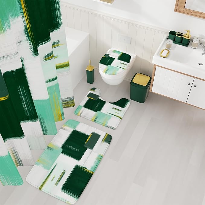 Bathroom Accessories Set - 25PC Bathroom Set with Shower Curtain and Rugs, Green Bathroom Set, Bathroom Accessory Set with Press-on Lid Trash Can, Soap Dispenser and Qtip Holders