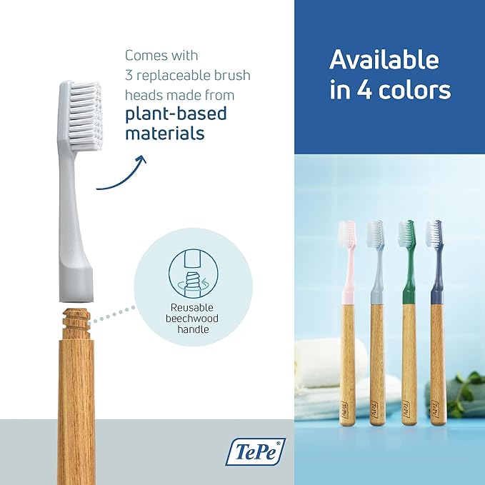 TePe Choice Soft Toothbrush, Dental Toothbrush for Teeth Cleaning with 3 Replaceable Toothbrush Heads, Gray