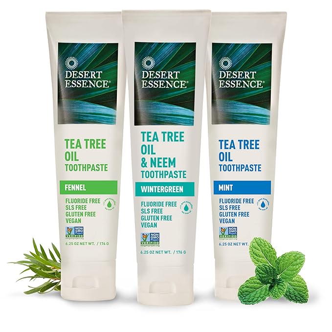 Desert Essence Tea Tree Oil & Neem Toothpaste - Fluoride-Free, Gluten-Free, SLS Free Formula - Vegan, Herbal Toothpaste for Plaque Reduction - Wintergreen Flavor, 6.25 oz