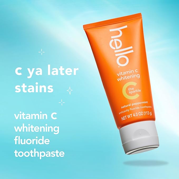 hello Vitamin C Whitening Toothpaste with Fluoride, Whitening SLS Free Toothpaste Pack, Up to 2 Shades Whiter Teeth, No Peroxide, Safe for Everyday Use, Natural Peppermint, 2 Pack, 4.0 Oz Tubes