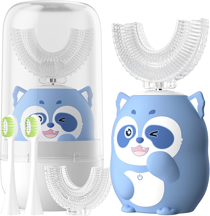 Kids Electric U Shaped Toothbrush Children Rechargeable Sonic Toothbrush with 4 Brush Heads Full Mouth 6 Cleaning Modes - (Age 2-7, Blue)
