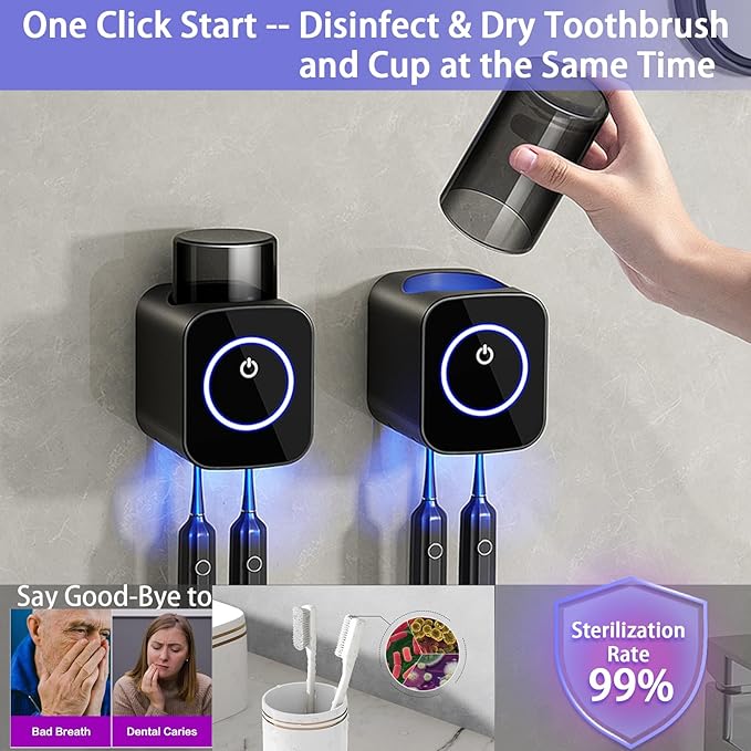 Wall Mounted Toothbrush Holder, 1 Cup Toothbrush Holders with Smart Drying and Cleaning, Toothbrush Cleaning Case with Solar Charging, Toothbrush Organizer with 2 Brush Slots (Black - 1 Cup)