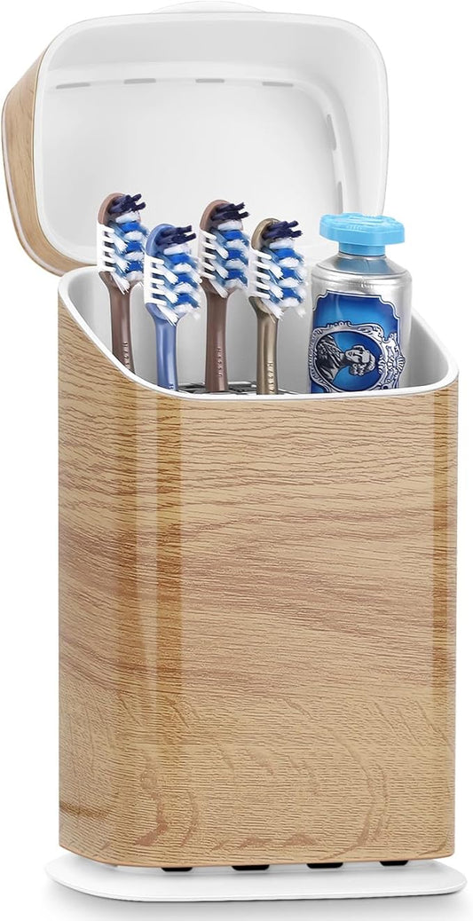 Toothbrush Holders with Cover - 5 Slots Toothbrush and Toothpaste Holde Kids Tooth Brush Holder for Bathroom, Detachable Bathroom Sink Organizer countertop, Wood