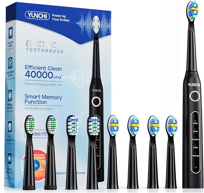YUNCHI Electric Toothbrush for Adults, Battery Toothbrush, Rechargeable Sonic Electric Tooth Brush with 8 Brush Heads, 5 Modes & 2 Minutes Smart Timer, IPX7 Waterproof, One Charge for 30 Days, Black