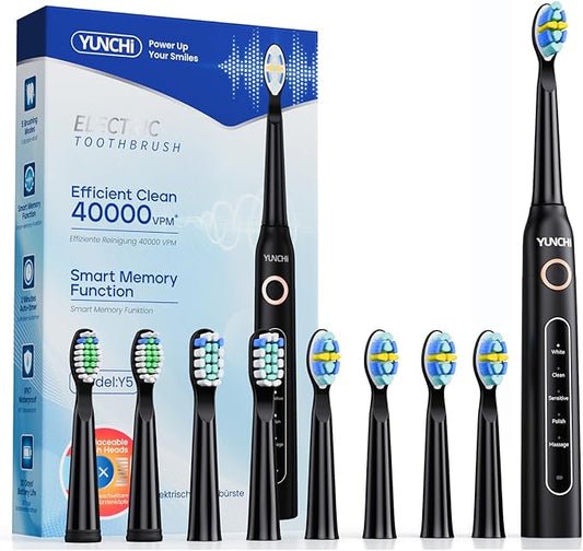 YUNCHI Electric Toothbrush for Adults, Battery Toothbrush, Rechargeable Sonic Electric Tooth Brush with 8 Brush Heads, 5 Modes & 2 Minutes Smart Timer, IPX7 Waterproof, One Charge for 30 Days, Black