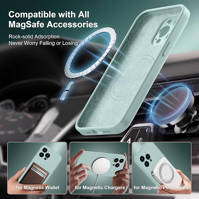 Magnetic for iPhone 15 Pro Case, Compatible with MagSafe, with 9H Nano Screen Protectors, Full Camera Protection, Silicone Shockproof Microfiber Lining Phone Case 6.1", Mint Green
