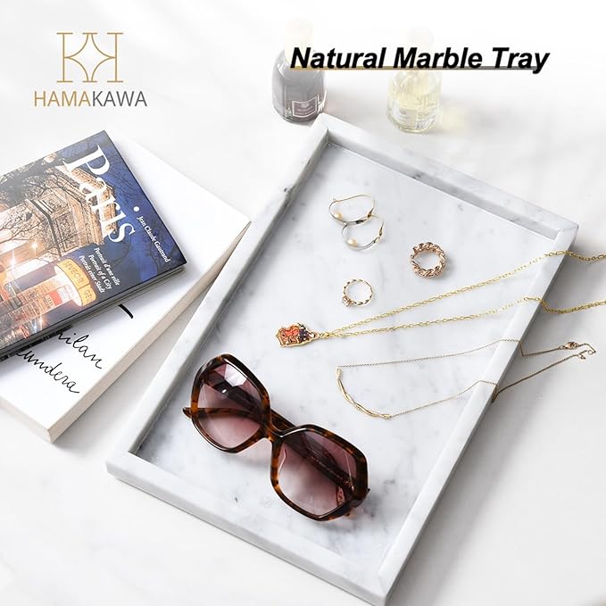 Large Bathroom Vanity Tray, Real Natural Marble Sink Tray 12 inch, Carrara White Stone Toilet Tank Trays, Modern Dresser Trays, Countertop Organizer for Kitchen Counter, Soap Dispenser