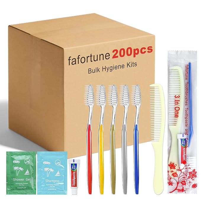 Bulk Hygiene Kits for Homeless,Disposable Toothbrushes with Toothpaste and Comb for Homeless Individually Wrapped，Basic Toiletry Kits Travel Size Shampoo And Body Wash For Hotel,Air Bnb Charity (200)