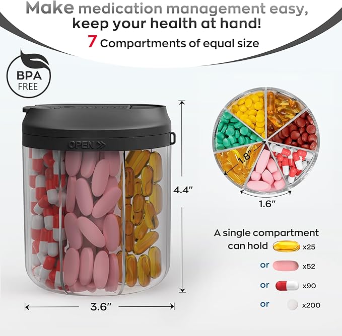 Pill Dispenser with 7 Large Compartments, 4.4" H x 3.6" Dia Pill Organizer for Travel, Supplement Organizer with Anti-Mixing Design, BPA-Free Pill Container with 20 Pcs Labels, Pink+ Black