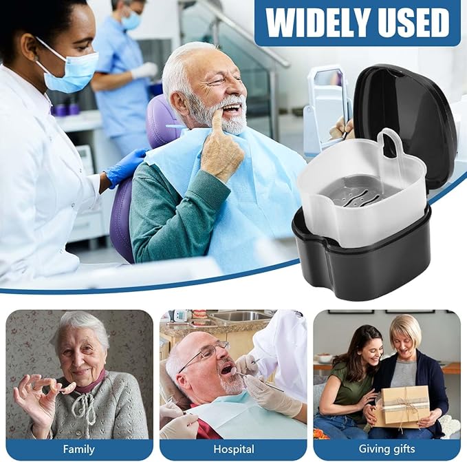 Black Denture Bath Case Cup Box Holder Storage Container with Denture Cleaner Brush Strainer Basket for Travel Cleaning