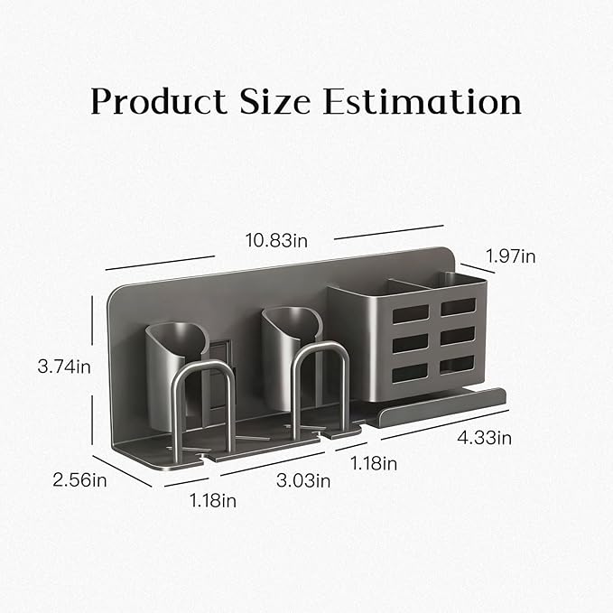 Aluminum Wall Mounted Bathroom Organizer (Black) - Self-Adhesive Toothbrush Holder for Toothpaste, Cups, Combs & Dental Supplies