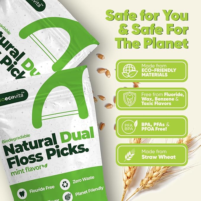 Biodegradable Dual Thread Floss Picks - Natural Straw Wheat Handle | Tight Gap Dental Flossers for Adults | Gentle on Gums & Teeth | Eco Friendly, Vegan, Natural (100 Pack, Mint)