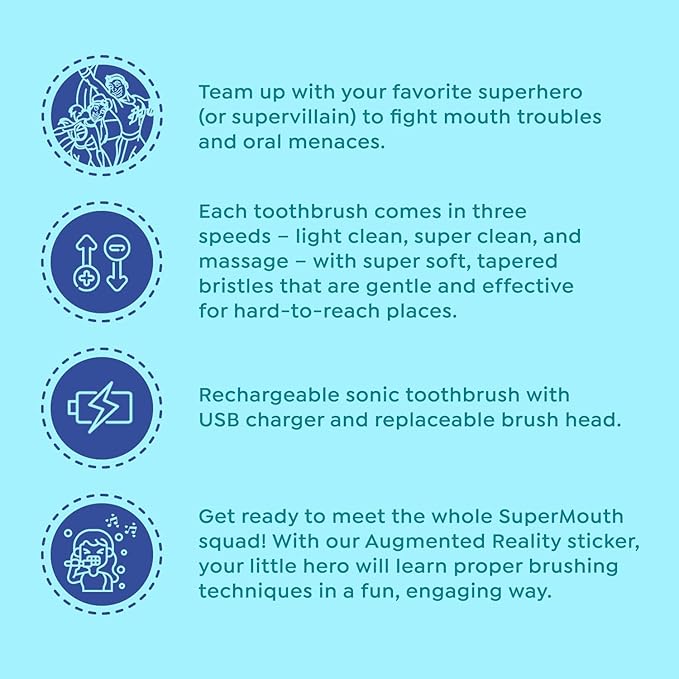 SuperMouth® Dr. H.O.S.S. Smile Sidekick Toothbrush Replacement Brush Heads - Ultra Soft Bristles for Ages 6+ - Gently Cleans & Polishes Teeth with Sonic Vibrations – Fits Sidekick Dr. Hoss Smile brush