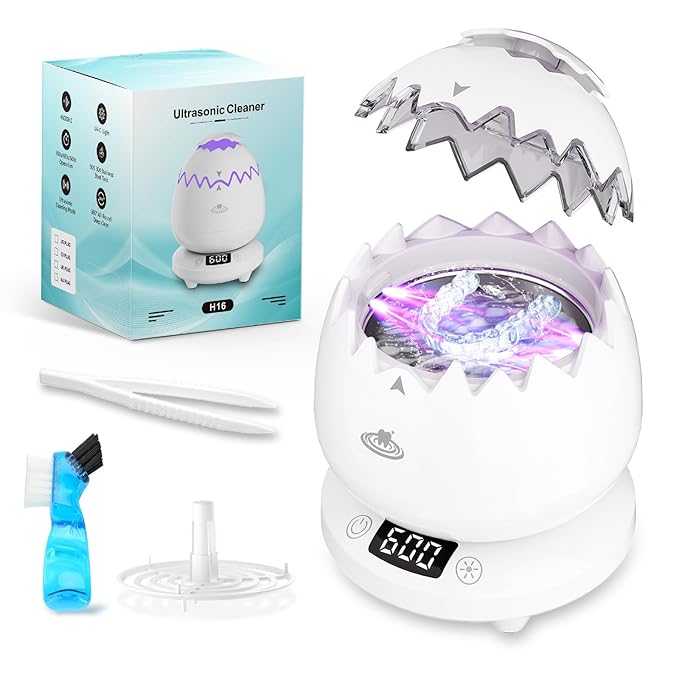 Ultrasonic Retainer Cleaner Machine for Denture, Dental Cleaning Pod with Digital Timer, 45kHz/180ML Waterproof Ultrasonic Denture Cleaners for Aligner, Mouth Guard, Braces, Ring Jewelry Cleaner