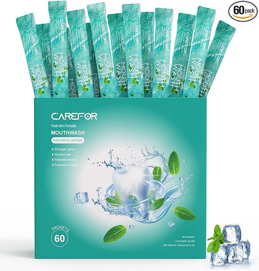 Mouthwash Travel Size Portable 60 Individual Disposable Packets to Go, Alcohol & Fluoride Free Fresh Mint Mouthwash Strips for Superior Oral Hygiene (Pack of 60)