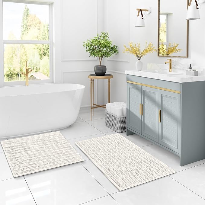 Arotive Luxury Chenille Bathroom Rug Mat, Extra Soft Thick Absorbent Shaggy Bath Rugs, Non-Slip Machine Wash Dry, Plush Bath Mats for Bathroom, Shower and Tub, 44x32, Ivory