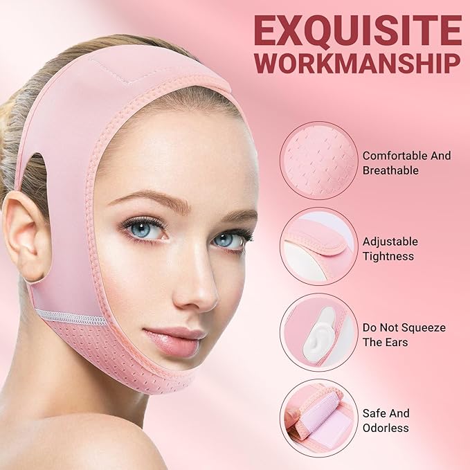 Reusable V Line Lifting Mask with Chin Strap for Sleeping,Double Chin Reducer,Face Lift Prevent Sagging, Jaw Exerciser,Pink,M