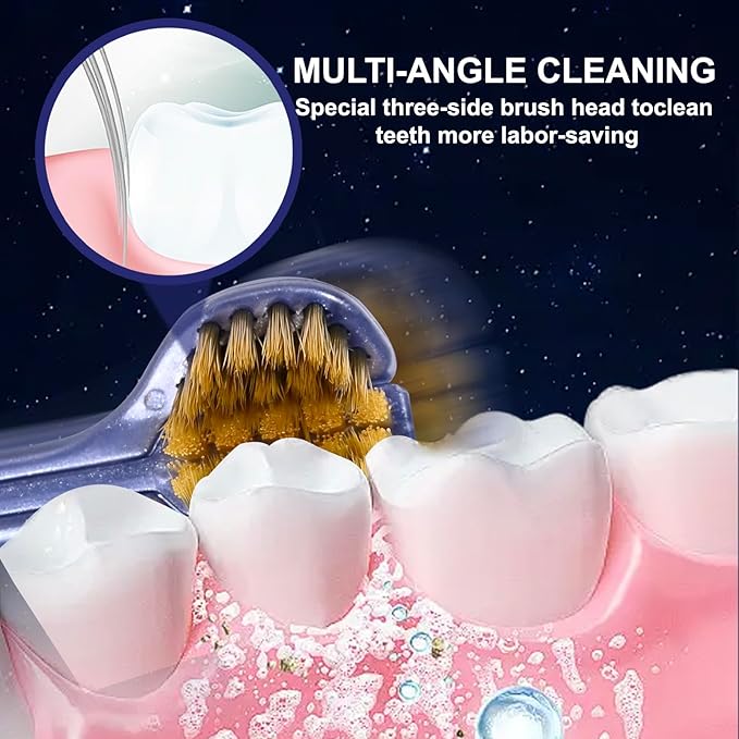 4-Piece Set of 3-Sided Medium toothbrushes for Adults, Soft Bristle Toothbrush for Comprehensive Care of Teeth and Gums, Suitable for Adult and Youth (Black, White, Brown, Blue, Adults)