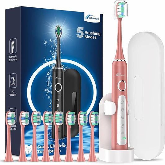 Rtauys M5 Sonic Electric Toothbrush for Adults and Kids - Rechargeable Electric Toothbrush Kids Ages 12+ and Adults with 8 Brush Heads & Travel Case, 120 Days Battery Life - Rosered