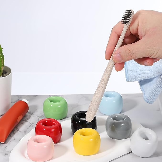uxcell 2 Pcs Mini Ceramics Toothbrush Holder Stands, Sleek Mini Countertop Toothbrush Round Shape Ceramic Holder Stand for Bathroom Vanity Countertops, Blue