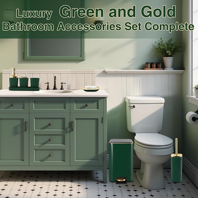 Bathroom Set Bathroom Accessories Set 8 Piece Green and Gold Bathroom Set, Bathroom Sets with Stainless Steel Trash Can,Toilet Brush,Toothbrush Set,Soap Dispenser