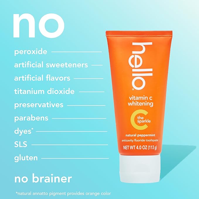 hello Vitamin C Whitening Toothpaste with Fluoride, Whitening SLS Free Toothpaste Pack, Up to 2 Shades Whiter Teeth, No Peroxide, Safe for Everyday Use, Natural Peppermint, 2 Pack, 4.0 Oz Tubes