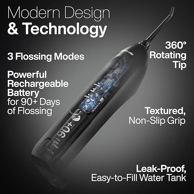 AquaSonic Icon Water Flosser for Teeth – Cordless Rechargeable Oral Irrigator – Waterproof, Portable Dental Cleaning with Jet Tip – Braces Home Travel - Onyx