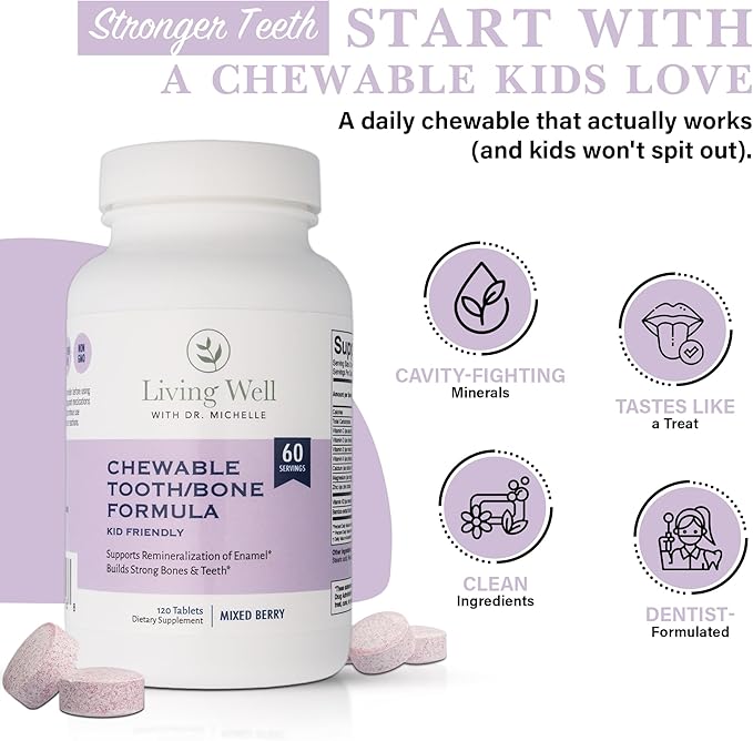 Living Well with Dr. Michelle Kids Tooth & Bone Supplement – Chewable for Strong Teeth & Cavity Defense – Calcium, D3, K2, Magnesium, Zinc – Ages 4+ – Mixed Berry Flavor – Fluoride-Free, Non-GMO