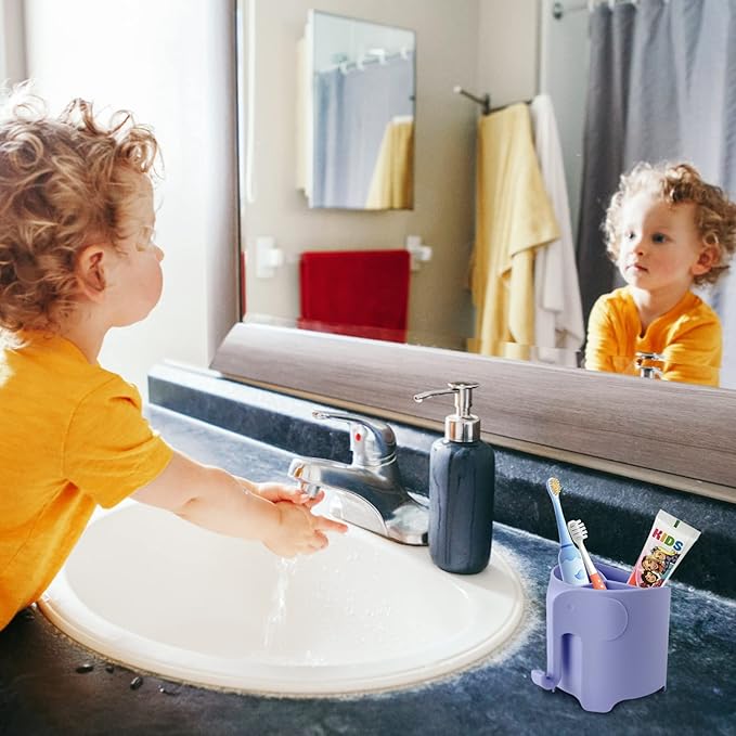 RyanLemon Elephant Toothbrush Holder for Kids, Suction Cup Electric Toothbrush and Toothpaste Holder for Toddler, Cute Toddler Toothbrush Holder with 3 Slots and a Hook for Hanging Bath Ball, Purple
