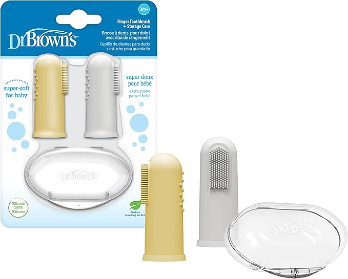 Dr. Brown's Silicone Finger Toothbrush for Baby with Travel-Storage Case, 3m+, Gray and Yellow, 2-Pack