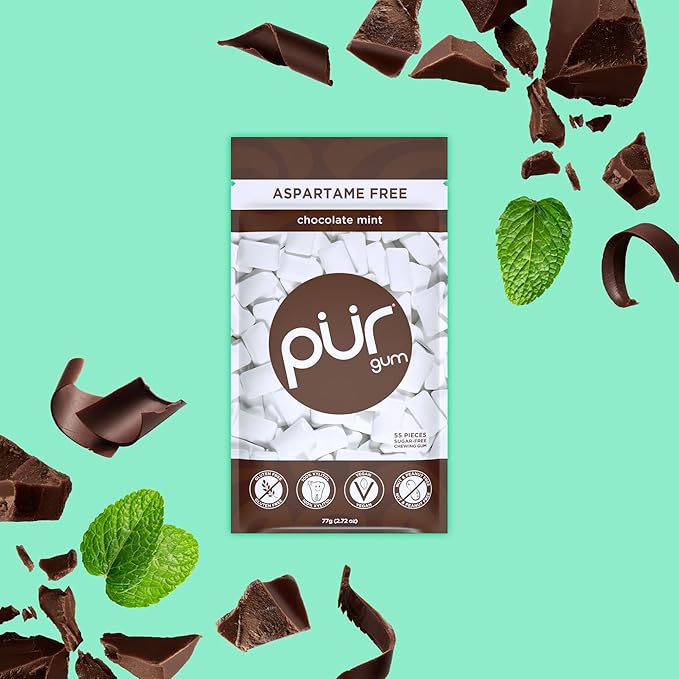 PUR Gum | Aspartame Free Chewing Gum | 100% Xylitol | Natural Chocolate Mint Flavored Gum, 55 Pieces (Pack of 6)