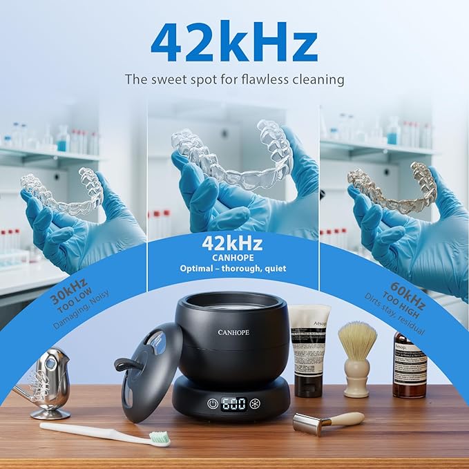 Ultrasonic Retainer Cleaner Machine, 42kHz Professional for Dentures, Aligners, Mouth Guards, Jewelry - IPX7 Waterproof Durable Removable Base and Top Cover, 3 Timer Settings, Quiet Black