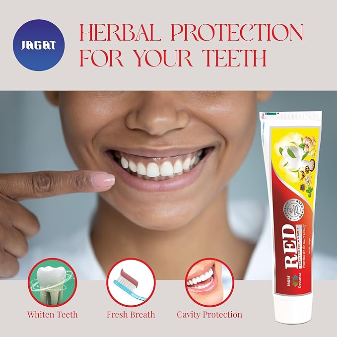 Jagat Herbal Red Toothpaste for Fresh Breathe, Doctor Recommended Natural Ayurvedic Toothpaste, Organic 100% Natural Teeth Whitening, Fluoride Free & Protects Gums, Vegan - Pack of 4