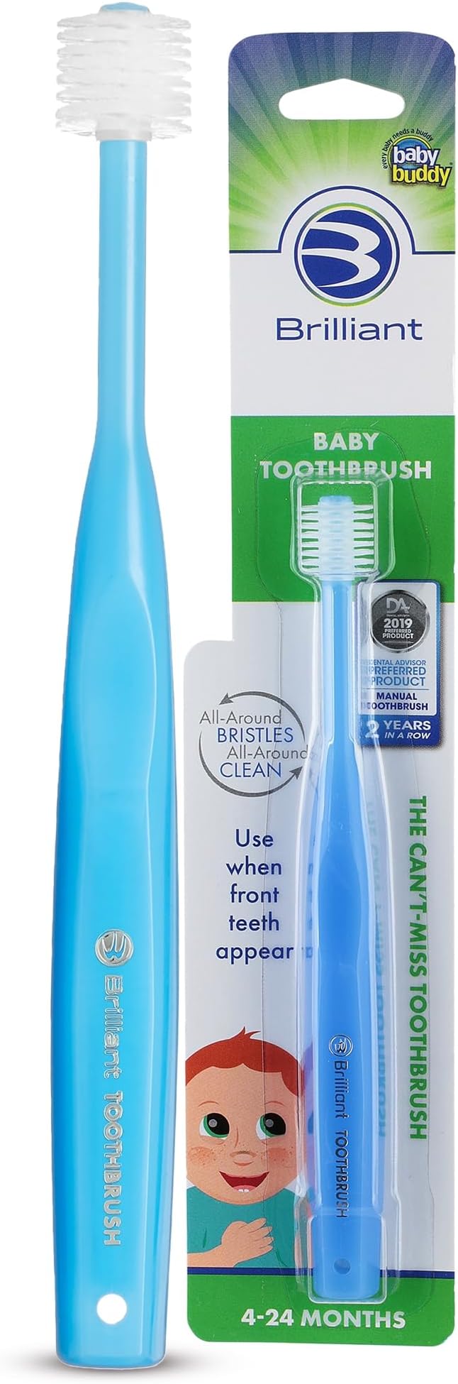 Brilliant Oral Care Baby Toothbrush with Soft Bristles and Round Head, for a Toddler Approved, Easy to Use All-Around Clean Mouth, Ages 0-2 Years, Blue, 1 Pack