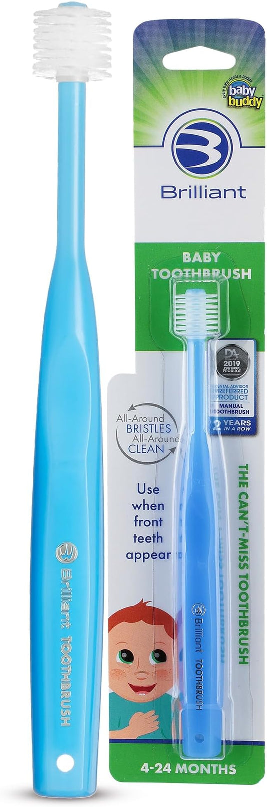 Brilliant Oral Care Baby Toothbrush with Soft Bristles and Round Head, for a Toddler Approved, Easy to Use All-Around Clean Mouth, Ages 0-2 Years, Blue, 1 Pack