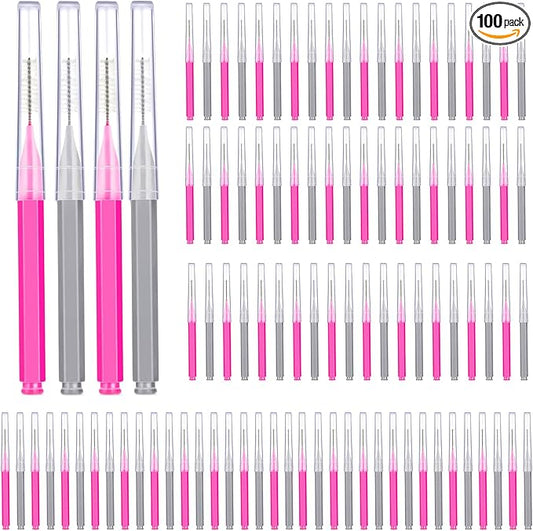 Patelai 100 Pieces Braces Brush for Cleaner Interdental Brush Toothpick Dental Tooth Flossing Head Oral Dental Hygiene Flosser Toothpick Cleaners Tooth Cleaning Tool(Pink, Grey,Ideal Size)