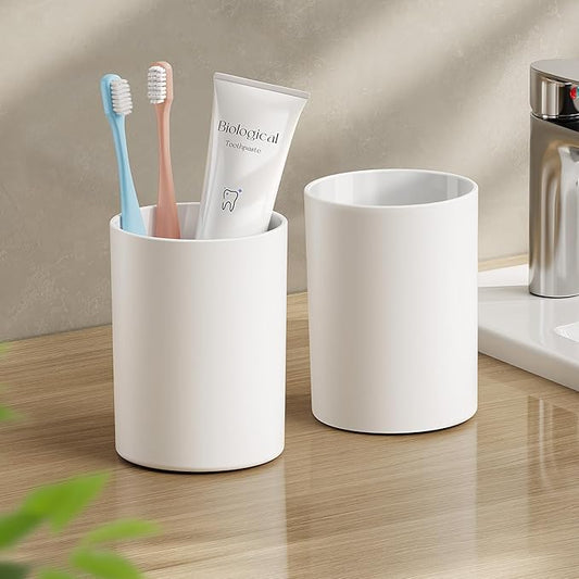 Toothbrush Cup 13.75oz 390ml with Non-Slip Pad, Easy to Clean Bathroom Cup 2Pcs, Reusable Plastic Bathroom Tumbler, White