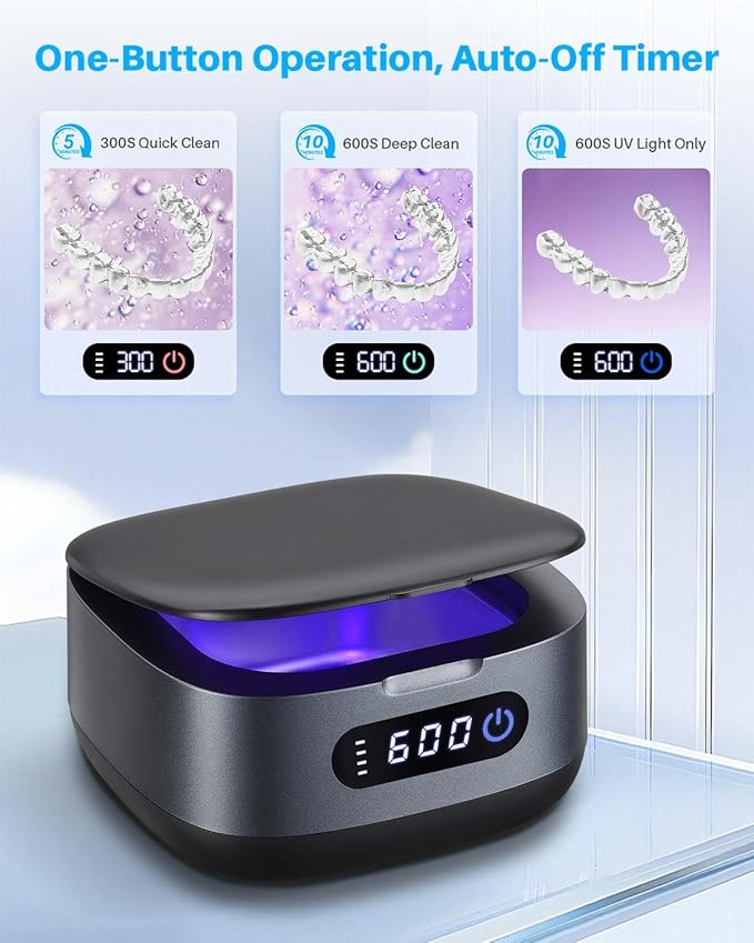 Voraiya 2025 Rechargeable Ultrasonic Retainer Cleaner, Portable Retainer Cleaner Machine, 52kHz Retainer Cleaner for Dentures, Night Guards, Mouth Guards, 166ml Dental Cleaning Pod with Mirror,3 Modes