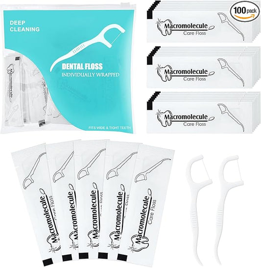 Individually Wrapped Dental Floss Picks Bulk Disposable Flossing Sticks Teeth Cleaning and Oral Care Travel Size Dental Tooth Floss Pack for Hotels, Weddings, Guests & Business Single Use (100 Pack)