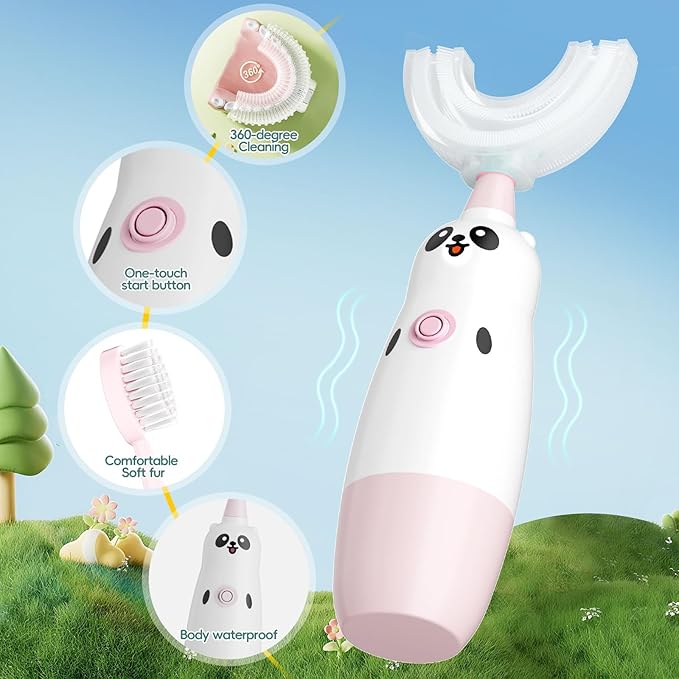 Kids U-Shaped Electric Toothbrush with 2 Brush Heads, Toddlers Sonic with 360 Degree Cleaning, Soft Bristles, Battery Included, IPX7 Waterproof, Cute cartoon for Girls and Boys, Ages 2-7 (Pink)