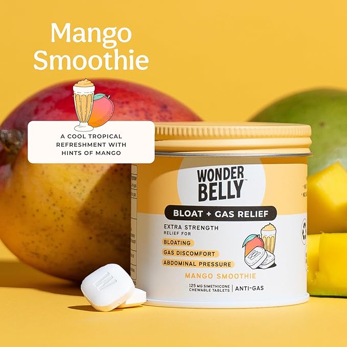 Wonderbelly Bloat Gas Relief Extra Strength Chewable Tablets with 125 mg Simethicone No Talc or Dye Mango Smoothie 35 Count