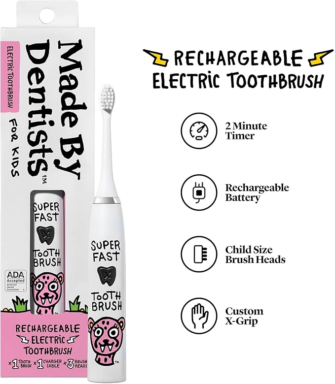 Made by Dentists Kids Electric Toothbrush - Rechargeable Vibrating Toothbrush with Timer, Includes 6 Replacement Heads, Halloween Gifts for Kids, Girls and Boys, Kid & Toddlers Age 2+, Cheetah