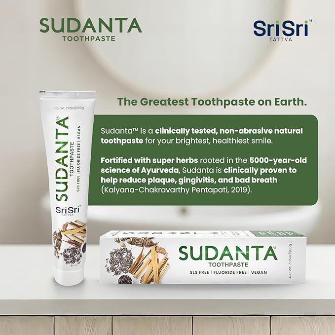 Sri Sri Tattva Sudanta Herbal Toothpaste for Oral Care Protection - Fluoride Free Ayurvedic Toothpaste to Strengthen Teeth and Gums Without Causing Sensitivity - All Natural, 200g (1 Pack)
