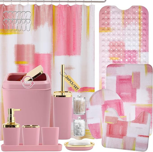 Bathroom Accessories Set - 26PCS Pink Bathroom Set, Bathroom Accessory Set with Shower Curtain and Rugs and Bathtub Mats for Home
