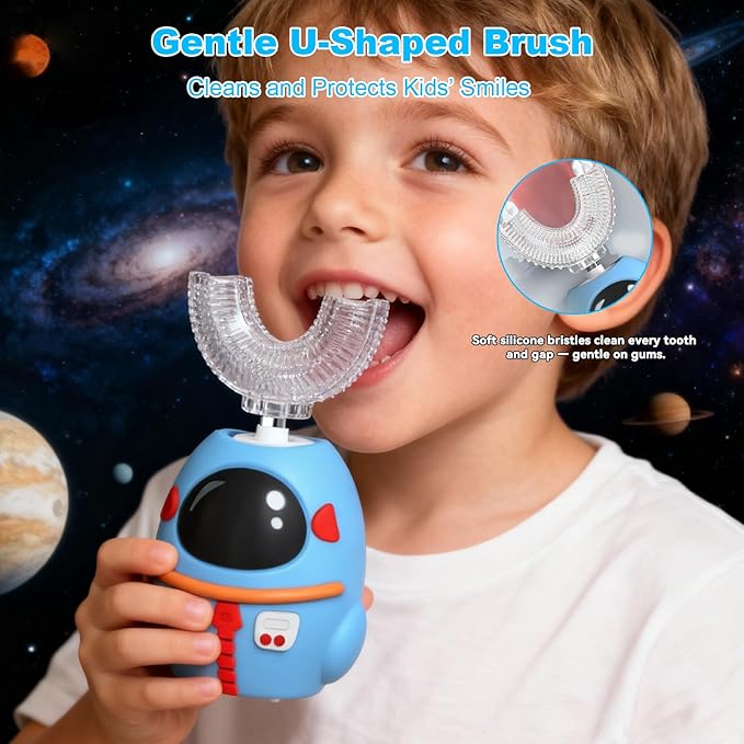 FTOYIN Kids Electric Toothbrush, U Shaped Toothbrush with 4 Brush Heads, Ultrasonic 360° Cleaning, 5 Modes, Smart 45s Timer, IPX7 Waterproof (Ages 2–12)