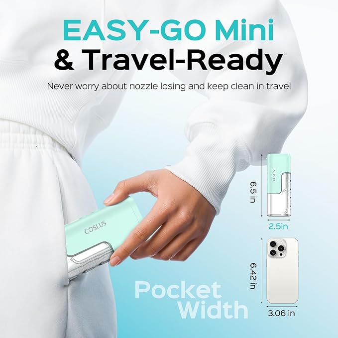 COSLUS Mini Water Flosser for Travel: Portable Lightweight Design Cordless Oral Irrigator with Removable Tank & 4 Modes, IPX7 Waterproof for Braces, Sensitive Teeth Travelers & Family Use, Green, T40