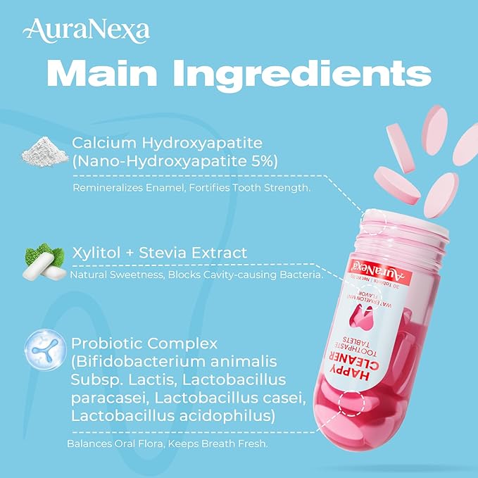 Auranexa Whitening Toothpaste Tablets – Remineralizing Nano Hydroxyapatite Chewable Toothpaste with Xylitol & Probiotics, Gentle Fluoride-Free Clean, Fresh Lime Mint, 30 Tablets