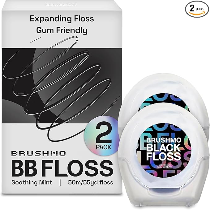 Brushmo Black Floss (BBFloss) - Expanding Floss, Gum-Friendly Soothing Mint Dental Floss, Natural Vegan Wax to Remove Plaque from Teeth, Dentist Designed PTFE & PFAS Free Oral Care, 2 Spools, 110 yd