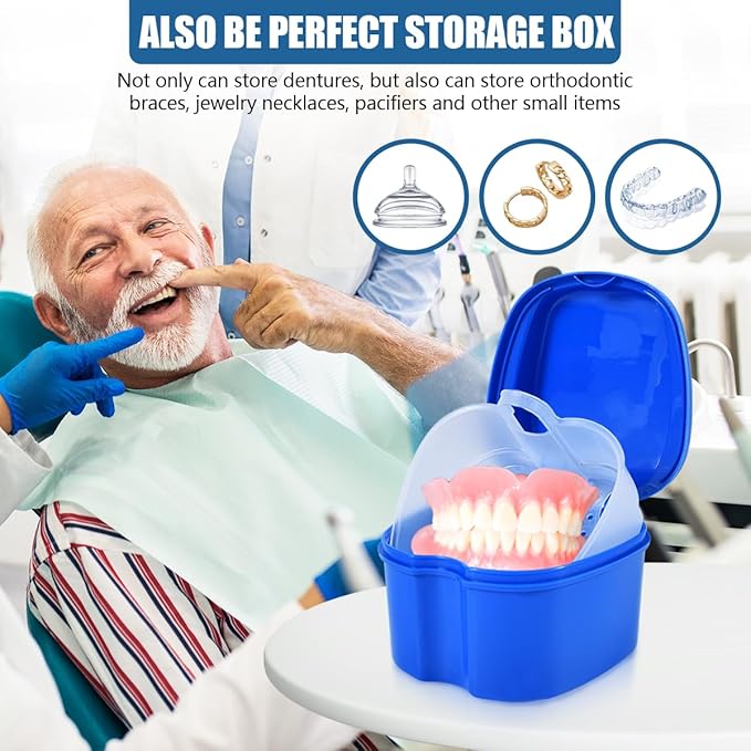 2 Pack Denture Bath Case Cup Box Holder Storage Container with Denture Cleaner Brush Strainer Basket for Travel Cleaning (Blue and Pink)